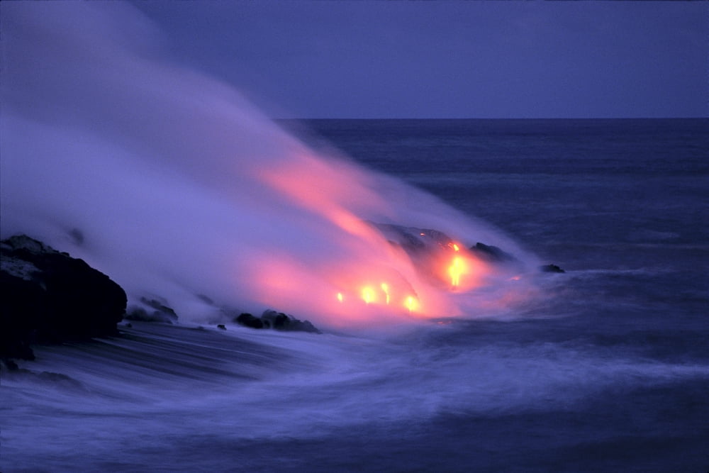 Hawaii Big Island Lava Entering Sea At Twilight With Glowing Pink Smoke Orange Glow Canvas Art - Robert Sablan Design Pics (19 x 12)