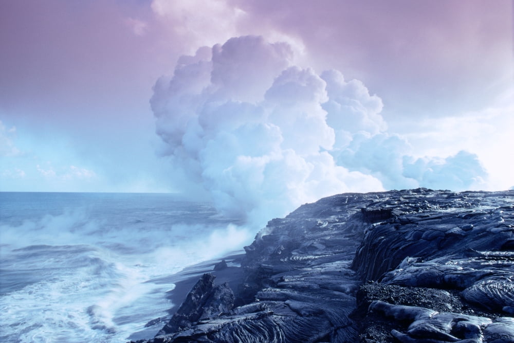 Hawaii Big Island Lava Flowing Into Sea Sulphur Clouds From Kilauea Crater Canvas Art - Joe Carini Design Pics (19 x 12)
