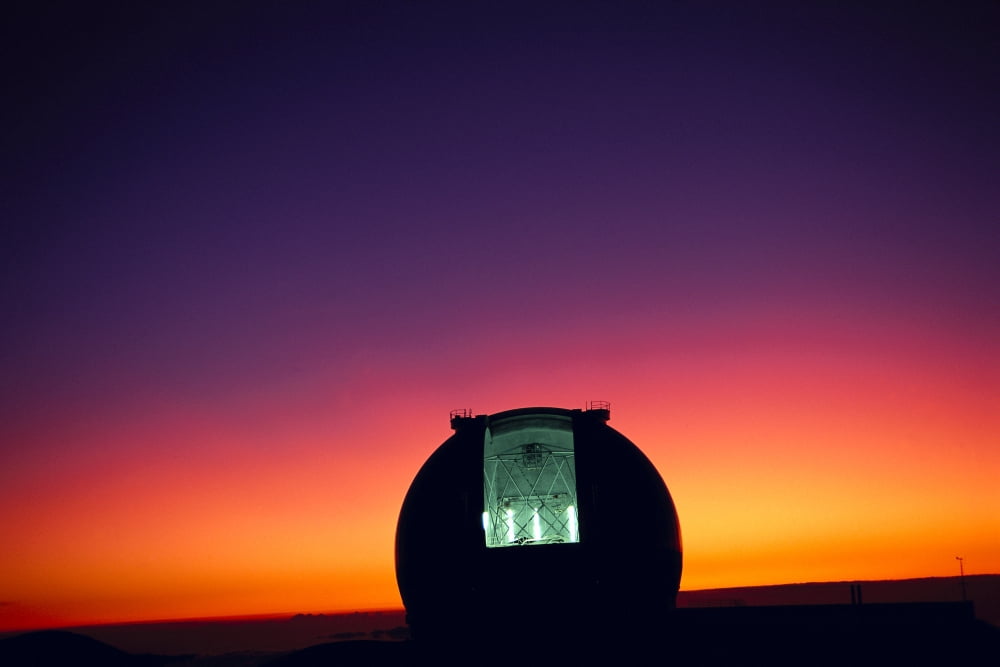 Hawaii Big Island Mauna Kea Keck Observatory PurpleOrange Sky Sunset Open Dome Canvas Art - Peter French Design Pics (19 x 12)