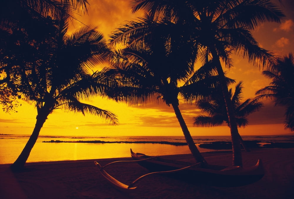 Hawaii Big Island Mauna Lani Beach Hotel Ocean Sunset Outrigger Canoe Resting On A Tropical Beach Canvas Art - Allan Seiden Design Pics (18 x 12)