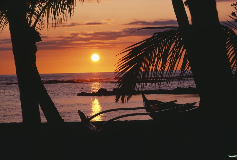 Hawaii Big Island Mauna Lani Beach Hotel Ocean Sunset Outrigger Canoe Resting On A Tropical Beach Canvas Art - Allan Seiden Design Pics (19 x 12)