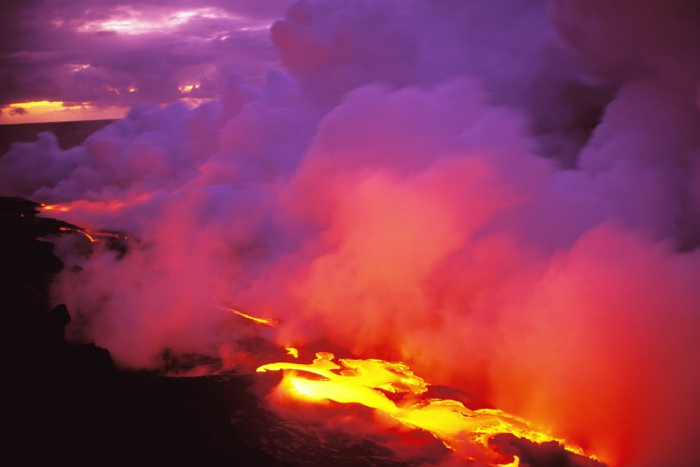 Hawaii Big Island Morning Sky Filled With Pink And Gray Smoke Lava Flow Into Ocean Canvas Art - Peter French Design Pics (17 x 11)
