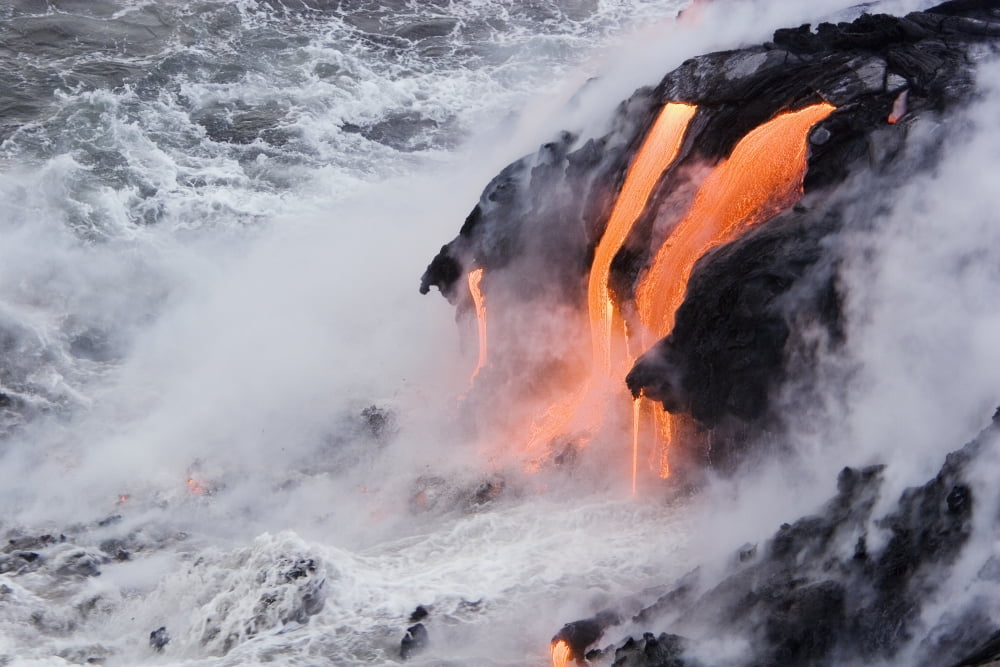 Hawaii Big Island Near Kalapana Pahoehoe Lava Flowing From Kilauea Into Frothy Pacific Ocean Canvas Art - Ron Dahlquist Design Pics (34 x 22)