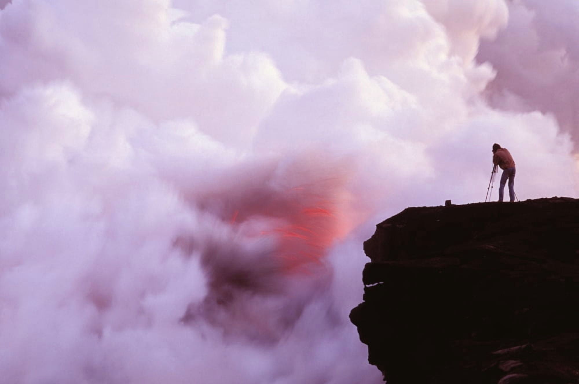 Hawaii Big Island Photographer On Lava Table Filming Lava Flow Into Ocean Canvas Art - Carl Shaneff Design Pics (34 x 22)