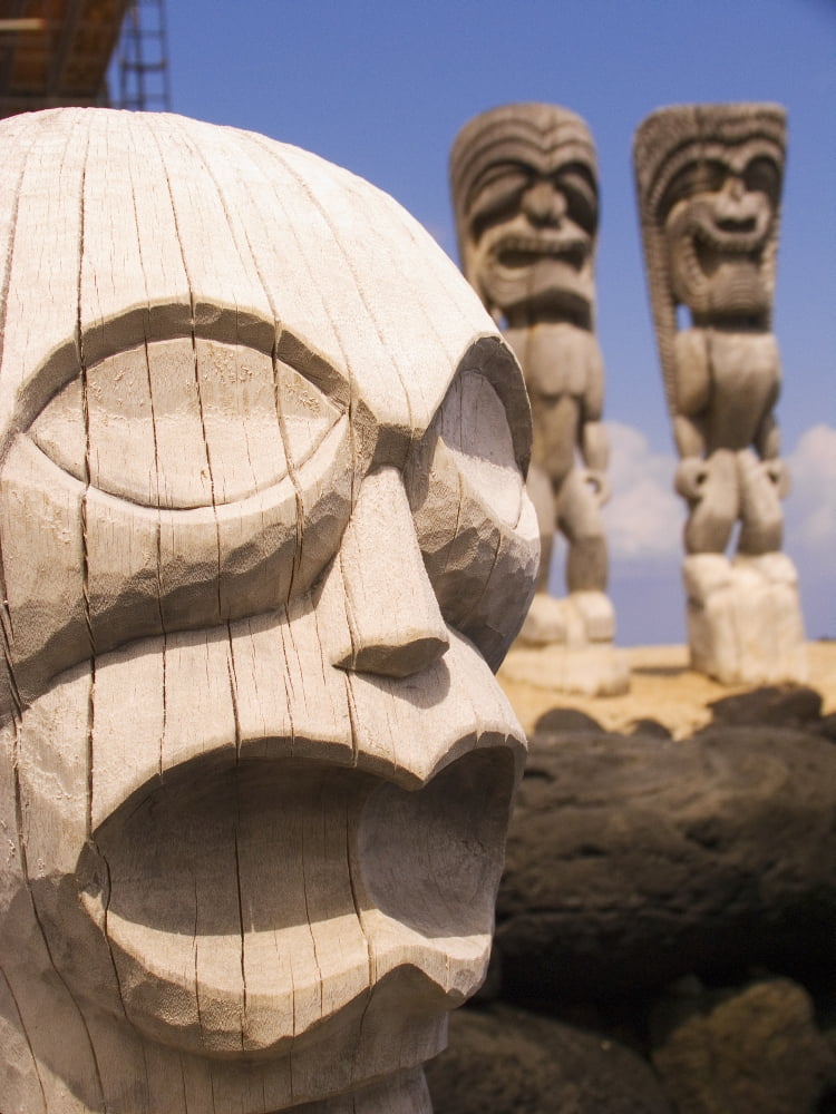 Hawaii Big Island Puuhonua O Honaunau City Of Refuge Close-Up Of Kii Two More Behind Canvas Art - Ron Dahlquist Design Pics (26 x 34)
