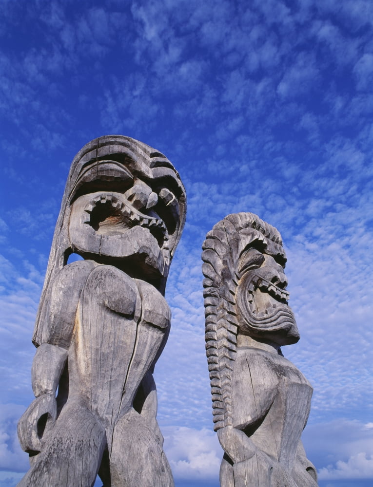 Hawaii Big Island Puuhonua O Honaunau City Of Refuge Kii Against Bright Blue Sky And Clouds Canvas Art - Greg Vaughn Design Pics (26 x 34)