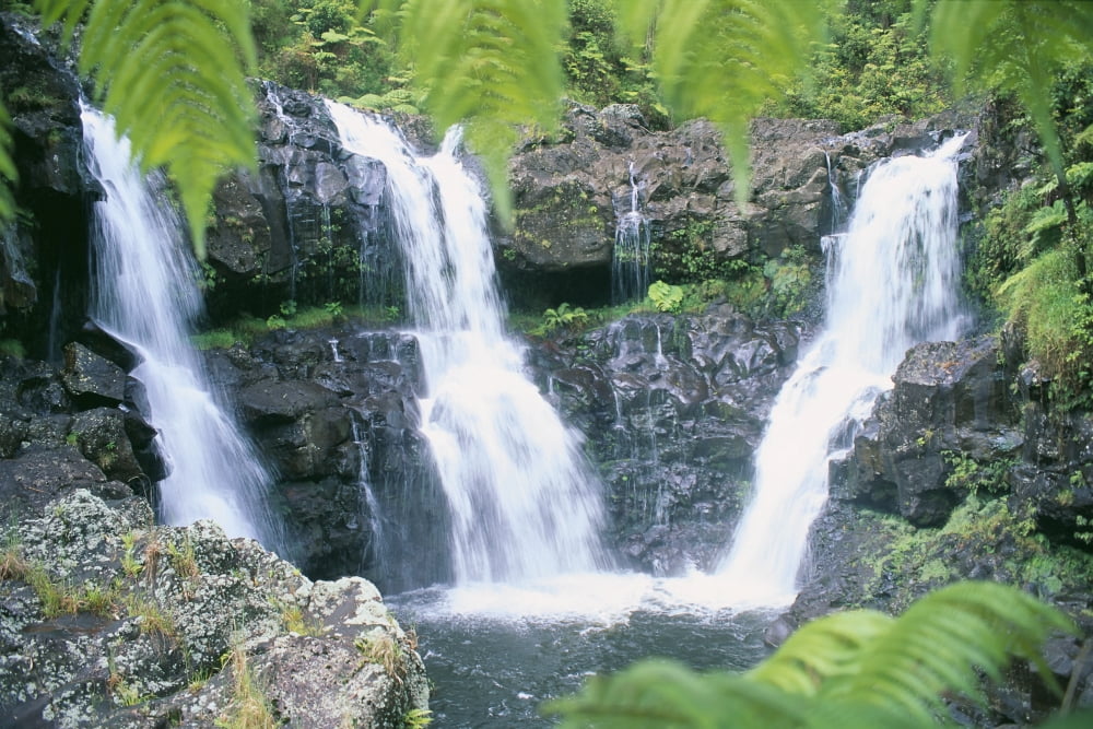 Hawaii Big Island Rainforest Waterfalls Three Waterfalls Feeds Into One Pool Canvas Art - Peter French Design Pics (38 x 24)