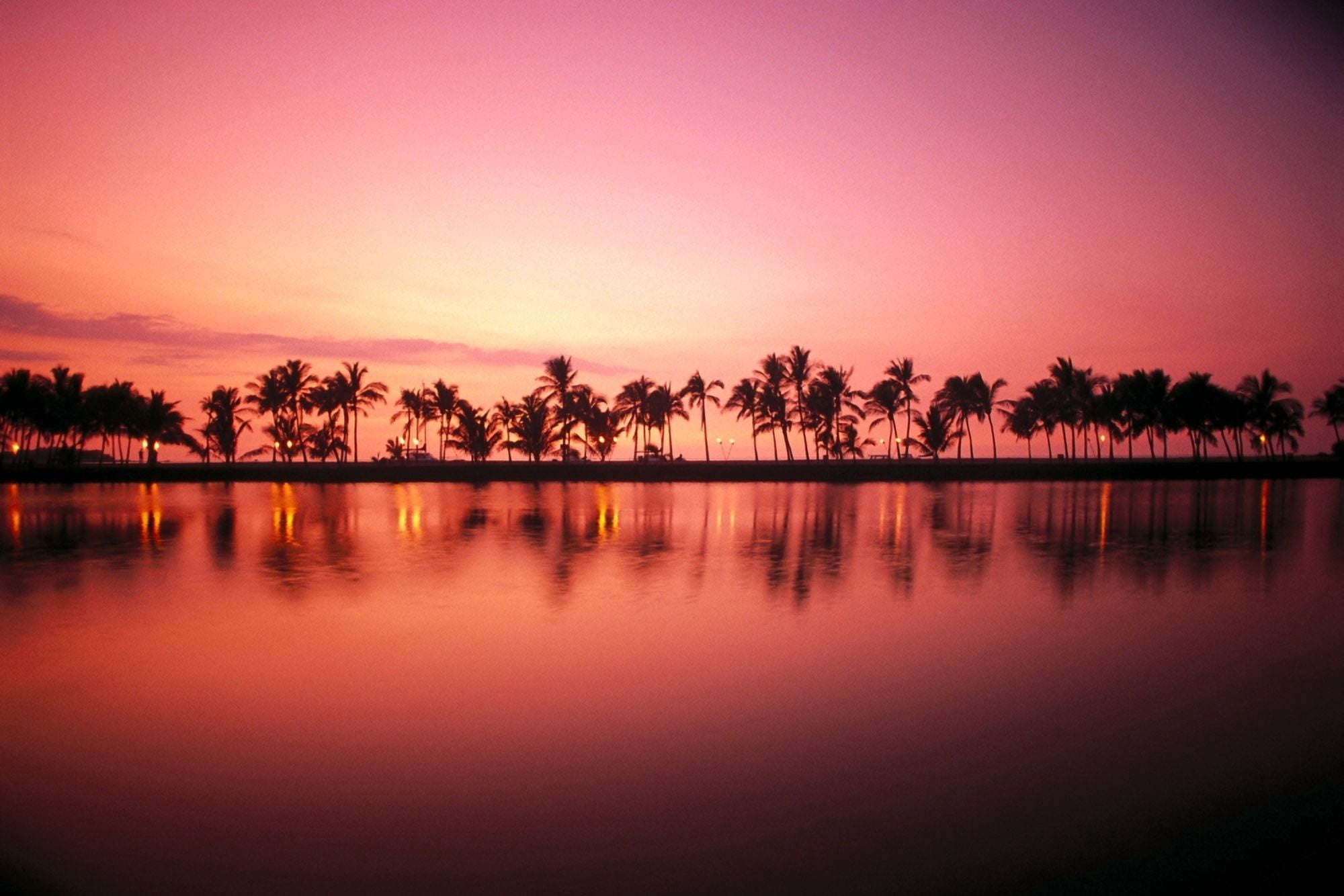 Hawaii Big Island Royal Waikoloa Line Of Palms Calm Lagoon Tiki Torch Sunset Reflections A29F Canvas Art - Brent Black Design Pics (19 x 12)