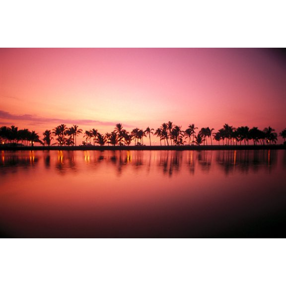 Hawaii Big Island Royal Waikoloa Line Of Palms Calm Lagoon Tiki Torch Sunset Reflections A29F Canvas Art - Brent Black Design Pics (38 x 24)