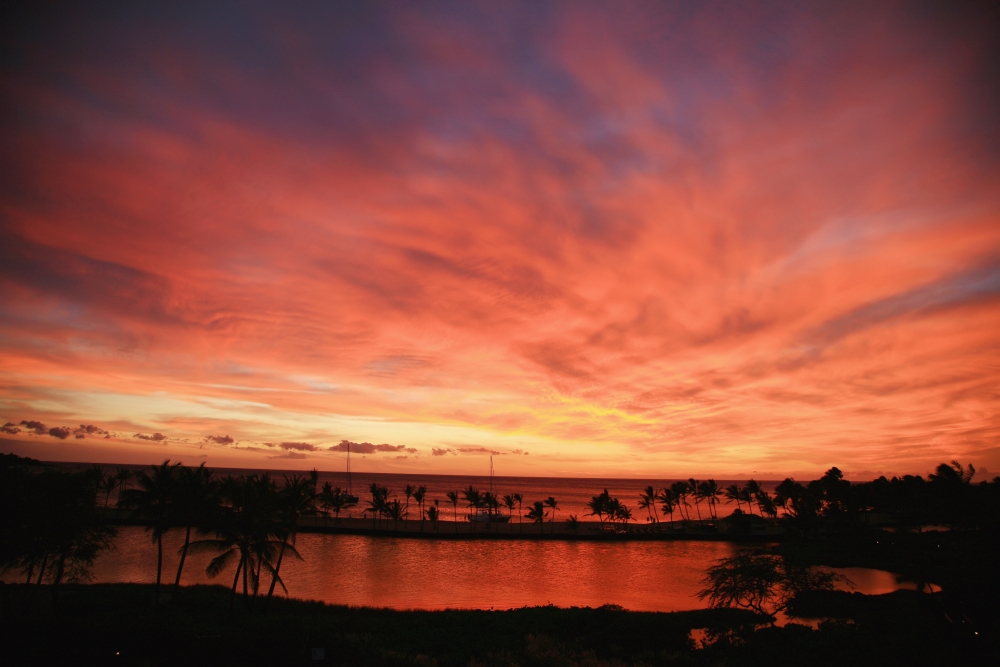 Hawaii Big Island South Kohala Anaehoomalu Bay Dramatic And Vibrant Red Sunset Sky Canvas Art - Peter French Design Pics (19 x 12)