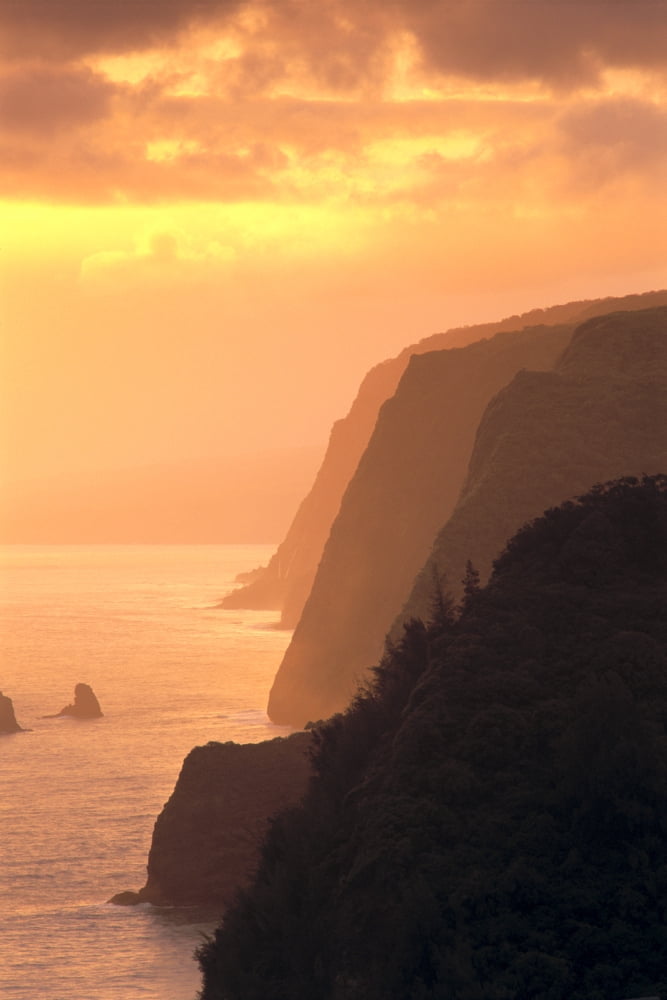Hawaii Big Island View Of Mist Shrouded Coast Line At Dawn Hazy Orange Ocean And Sky Canvas Art - Greg Vaughn Design Pics (12 x 19)