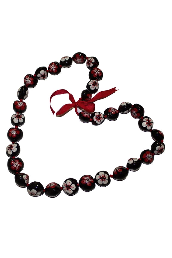 Hawaii Black Kukui Nut Leis with Red Flower Necklace 34 Inches