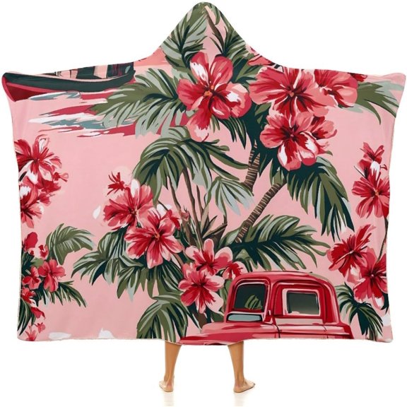 Hawaii Boat Truck Palm Tree Cozy Hooded Blanket Wearable Soft Wrap Throw Cape for Sofa Camping Gifts