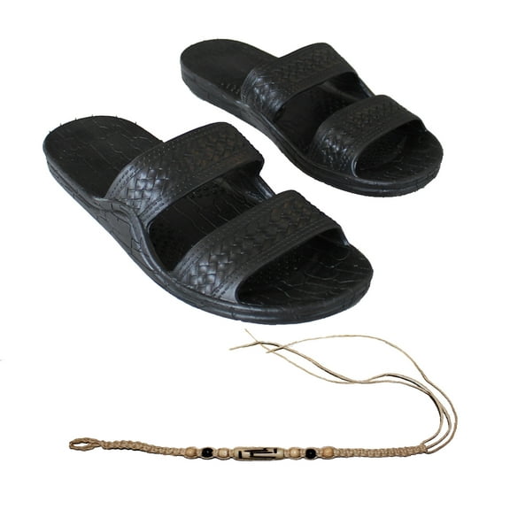 Hawaii Brown or Black Jesus sandal Slipper for Men Women and Teen Classic Style With Natural Hemp Bracelet (Women size 8, Black)