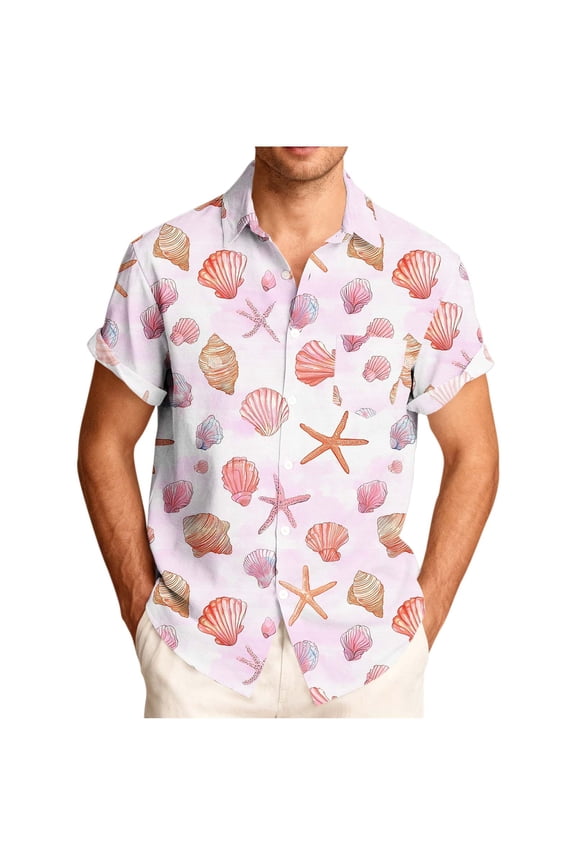 Hawaii Button Down Tops Seashell Starfish Blouse Summer Short Sleeve Shirts Plus Size Collared Top Lightweight Oversized Blouses Stylish Going Out Shirt Seaside Holiday Clothing 2026
