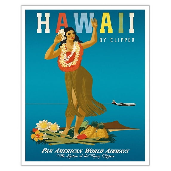 Hawaii By Clipper - Hawaiian Hula Girl - Pan American World Airways - Vintage Airline Travel Poster by John Atherton c.1950s - Fine Art Matte Paper Print (Unframed) 16x20in