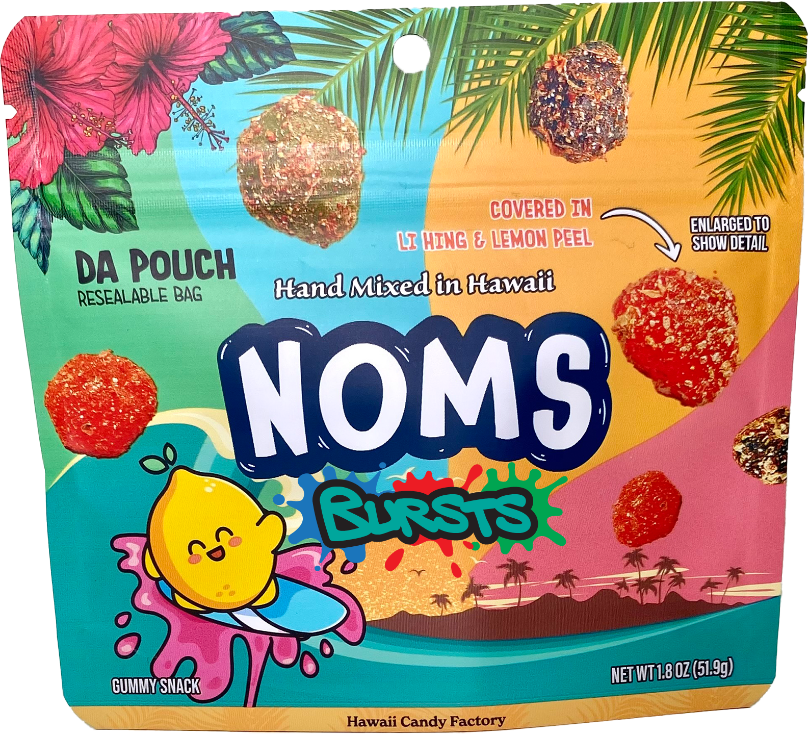 Hawaii Candy Factory | Noms Bursts - Da Pouch | Li Hing Lemon Peel Bursts | Local Hawaiian Favorite | Sweet, Sour, & Salty Bursts Candies