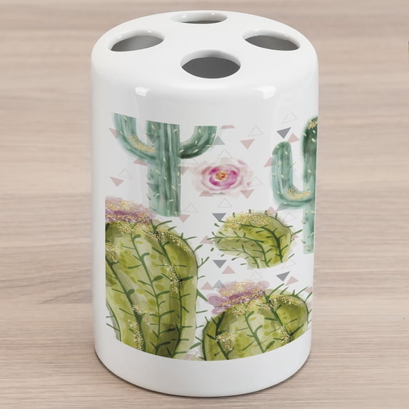Hawaii Ceramic Toothbrush Holder, Watercolor Look Pattern of Exotic Cacti and Roses with Little Triangles, Decorative Versatile Countertop for Bathroom, 4.5" X 2.7", Multicolor