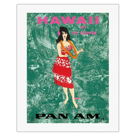 Hawaii by Clipper - Hawaiian Hula Dancer - Pan American World Airways - Vintage Hawaiian Travel Poster by Al Moore c.1962 - Fine Art Rolled Canvas Print (Unframed) 20in x 26in
