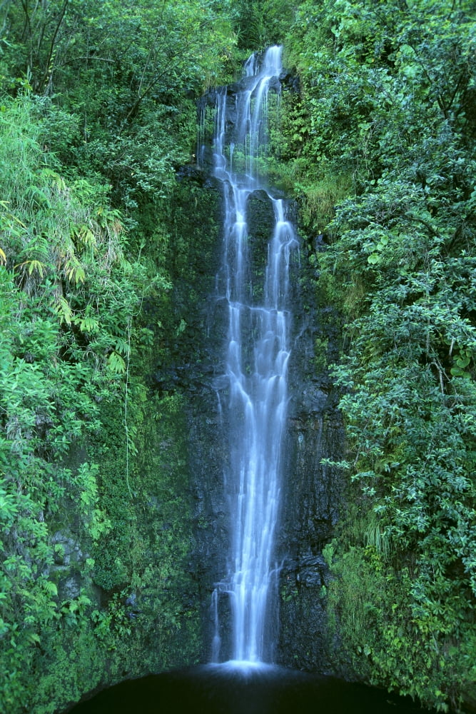 Hawaii Close-Up Of Waterfall On Mountain Side Green Foliage Pool Below C1653 Canvas Art - Bill Brennan Design Pics (24 x 38)