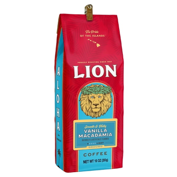 Lion Coffee Light Roast Ground Coffee, Hawaiian Coffee, Vanilla Macadamia, 10 oz