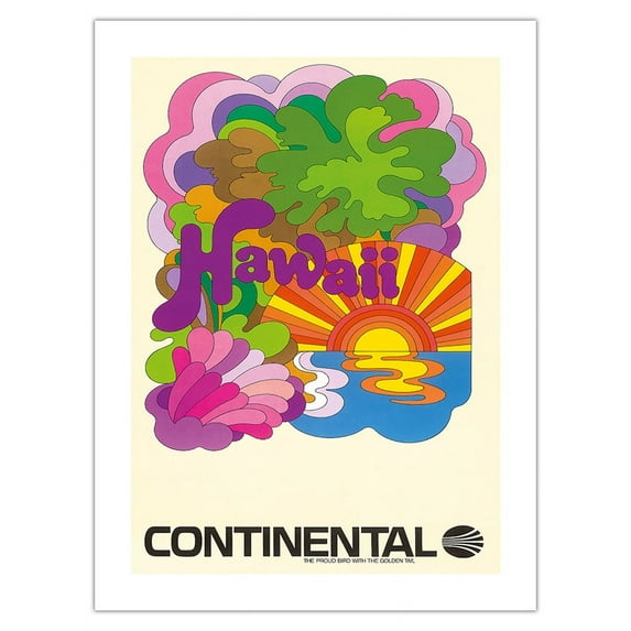 Hawaii - Continental Airlines - Psychedelic Art - Vintage Airline Travel Poster c.1960s - Bamboo Fine Art 290gsm Paper Print (Unframed) 18x24in
