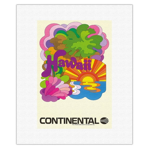 Hawaii - Continental Airlines - Psychedelic Art - Vintage Airline Travel Poster c.1960s - Fine Art Rolled Canvas Print (Unframed) 11in x 14in