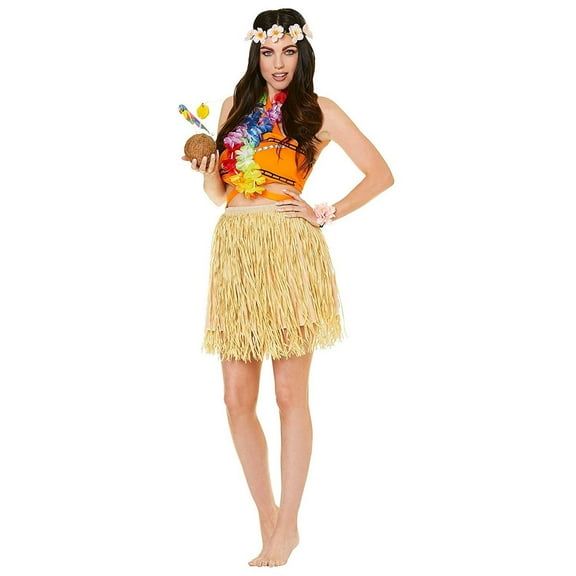 Hawaii Costume - Grass Hula Skirt Dress with Floral Headband for Adult Women Hawaiian Luau Outfits, Halloween Theme Party Accessories, Size M Medium