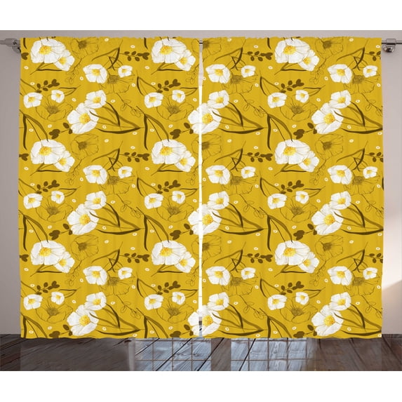 Ambesonne Hawaii Curtains 2 Panel Set, Flower Spring Blossom, 108" x 90", Earth Yellow Umber