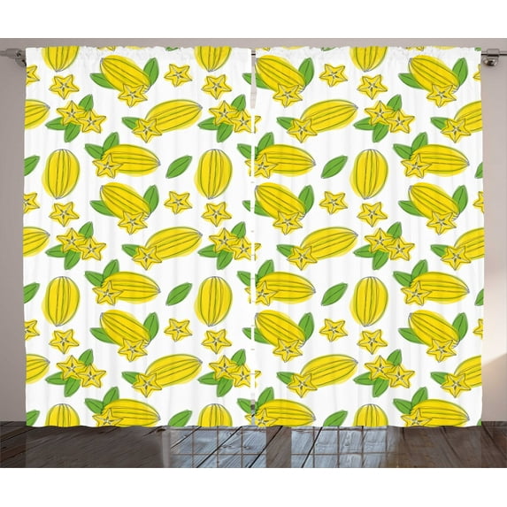 Hawaii Curtains 2 Panels Set, Watercolor Effect Exotic Food Art Carambola Star Fruit on Plain Background, Window Drapes for Living Room Bedroom, 108"W X 84"L,Yellow Lime Green, by Ambesonne