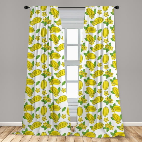 Hawaii Curtains 2 Panels Set, Watercolor Effect Exotic Food Art Carambola Star Fruit on Plain Background, Window Drapes for Living Room Bedroom, 56"W X 84"L, Yellow Lime Green, by Ambesonne
