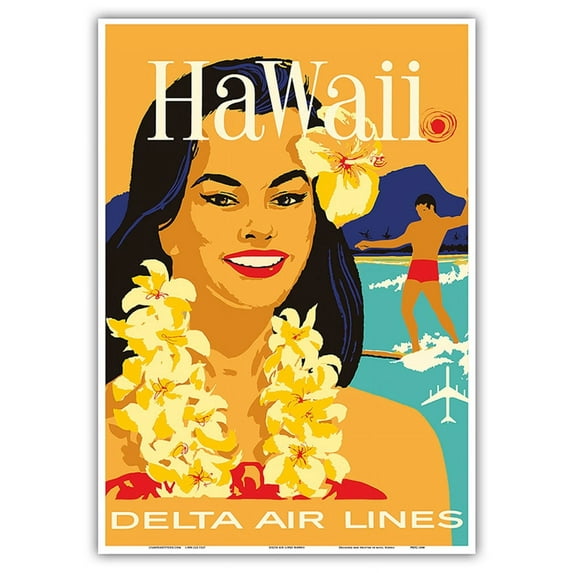 Hawaii - Delta Air Lines - Hawaiian Island Girl wearing a Flower Lei and a Surfer - Vintage Hawaiian Travel Poster by John Hardy c.1960s - Master Art Print 10in x 14in