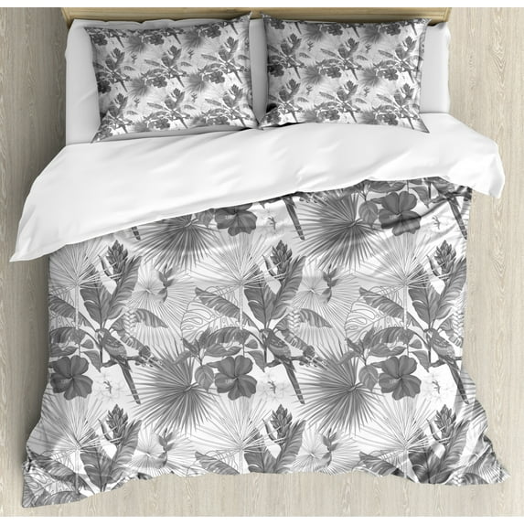 Hawaii Duvet Cover Set King Size, Greyscale Exotic Jungle Floral Pattern with Tropical Tree Leaves and Hibiscus Pansy, 3 Piece Bedding Set with 2 Pillow Shams, Grey White, by Ambesonne