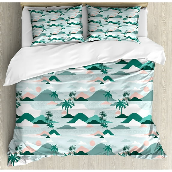 Hawaii Duvet Cover Set, Pastel Tones Palm Trees and Beach Hills Paper Cut Style, Decorative 3 Piece Bedding Set with 2 Pillow Shams, Queen Size, Teal Blush, by Ambesonne