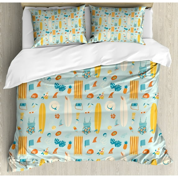 Hawaii Duvet Cover Set, Repetitive Summer Items with Pattern Surfboard Ice Cream Bikini Ananas, Decorative 3 Piece Bedding Set with 2 Pillow Shams, Queen Size, Pale Blue and Multicolor, by Ambesonne