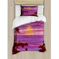 thumbnail image 1 of Hawaii Duvet Cover Set, Retro Graphics Inspired Illustration of Sunset Rocky Beach Purple Tones, Decorative 2 Piece Bedding Set with 1 Pillow Shams, Twin Size, Fuchsia and Multicolor, by Ambesonne, 1 of 3