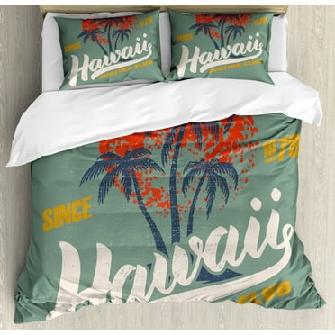 Hawaii Duvet Cover Set, Surfing Water Sport Palm Tree Orange Sun, Decorative 3 Piece Bedding Set with 2 Pillow Shams, Calking Size, Reseda Green Multicolor, by Ambesonne