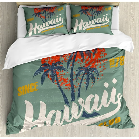 Hawaii Duvet Cover Set, Surfing Water Sport Palm Tree Orange Sun, Decorative 3 Piece Bedding Set with 2 Pillow Shams, Calking Size, Reseda Green Multicolor, by Ambesonne