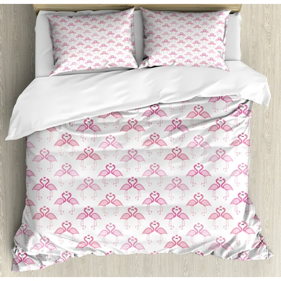 Hawaii Duvet Cover Set, Tropical Summer Birds Repetitive Pattern of Love Flamingos and Hearts, Decorative 3 Piece Bedding Set with 2 Pillow Shams, Queen Size, Pink and Pastel Pink, by Ambesonne