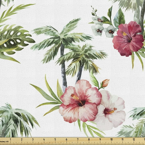 Ambesonne Hawaii Fabric by the Yard Upholstery, Palm Trees Hibiscus, 10 Yards, Reseda Green Pale Pink