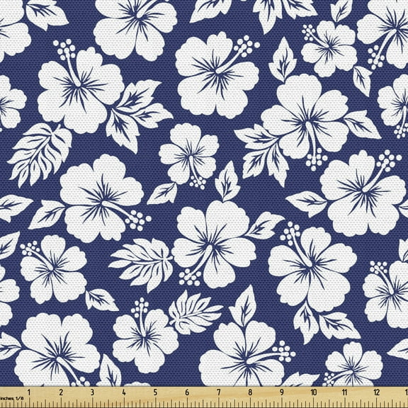Ambesonne Hawaii Fabric by the Yard Upholstery, Flowering Hibiscuses, 3 Yards, Navy Blue White