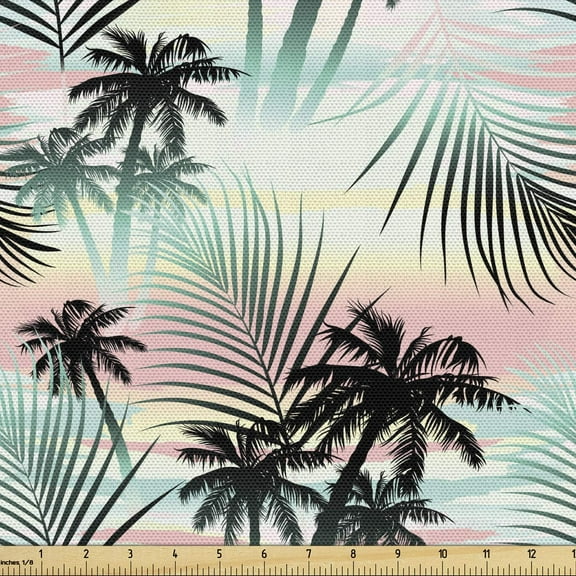 Hawaii Fabric By The Yard, Summer Season Palm Trees And Exotic Fern Leaves Abstract Colorful Background, Decorative Fabric For Upholstery And Home Accents, 1 Yard, Almond Green