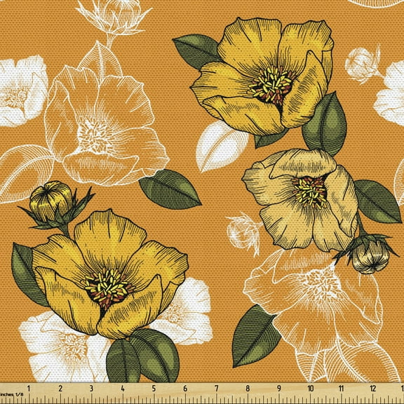 Ambesonne Hawaii Fabric by the Yard Upholstery, Orange Tones Spring Blossom, 5 Yards, Marigold Army Green