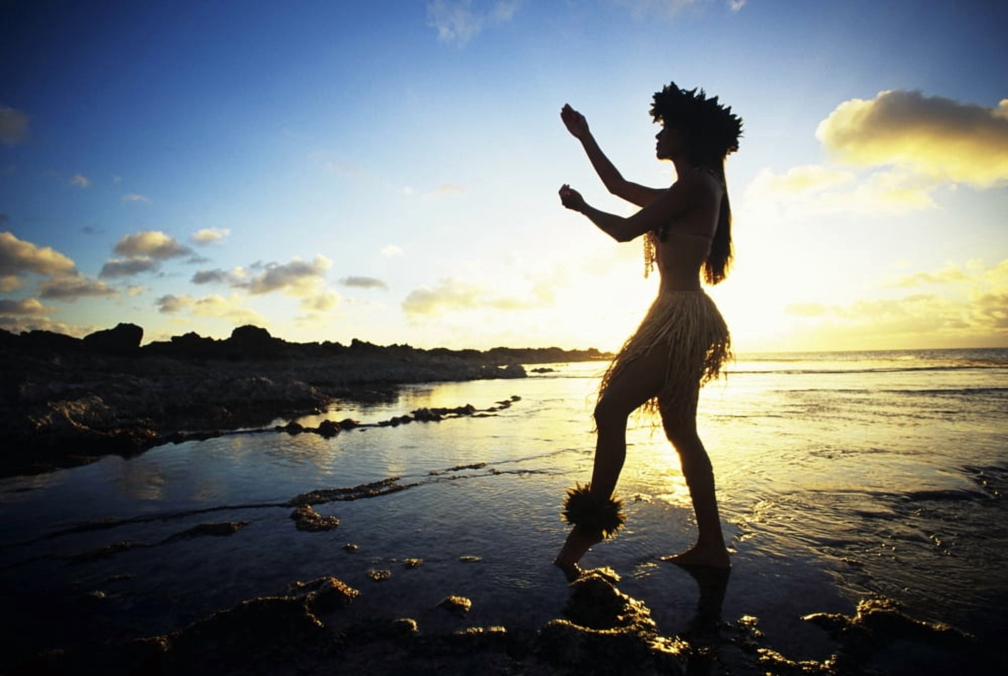 Hawaii Female Hula Dancer On Beach Silhouetted By Sunset Canvas Art - Vince Cavataio Design Pics (34 x 22)