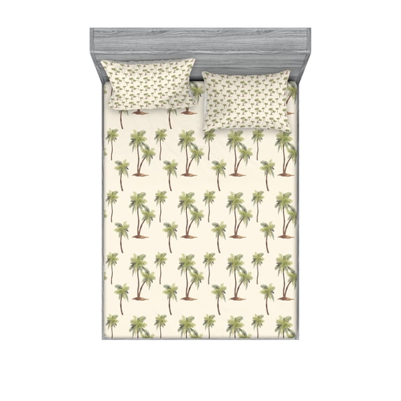 Hawaii Fitted Sheet & Pillow Sham Set, Repetitive Jungle Trees Pattern Hand Drawn Pastel Tropical Palms, Decorative Printed 6 Piece Bedding Decor Set, King, Cream Cocoa and Khaki, by Ambesonne