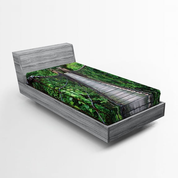 Hawaii Fitted Sheet Rope Bridge in a Rainforest Lush American Jungle Walkway Theme Blooming Nature, Soft Decorative Fabric Bedding, Taupe and Green, by Ambesonne
