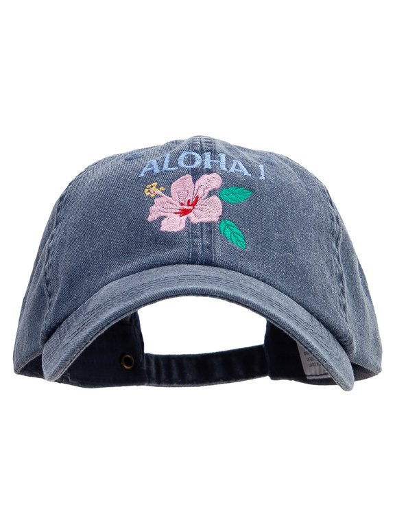 Hawaii Flower Aloha Embroidered Big Size Washed Pigment Dyed Cap - Navy XL-3XL