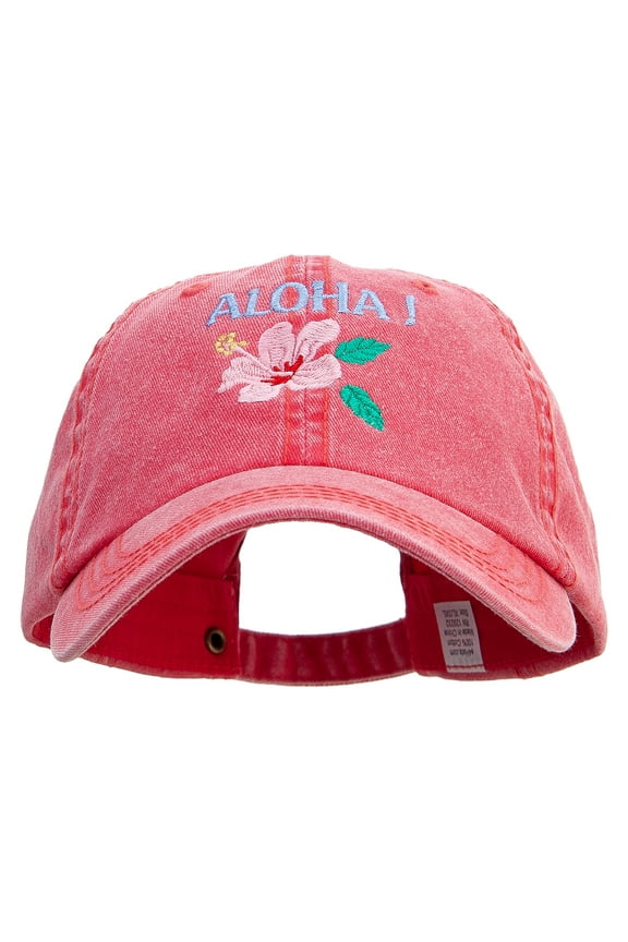 Hawaii Flower Aloha Embroidered Big Size Washed Pigment Dyed Cap - Red XL-3XL