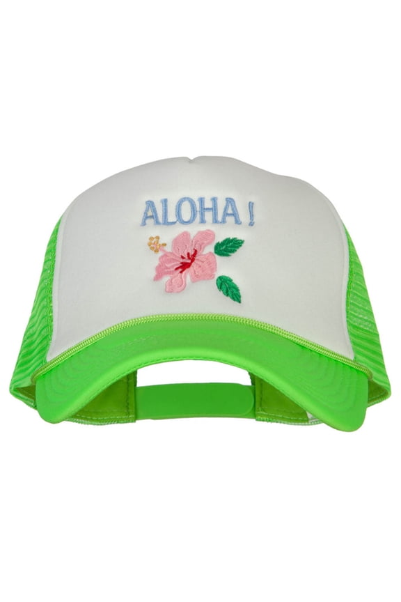 Hawaii Flower Aloha Embroidered Neon Polyester Big Size Mesh Cap - Neon Green XL-3XL