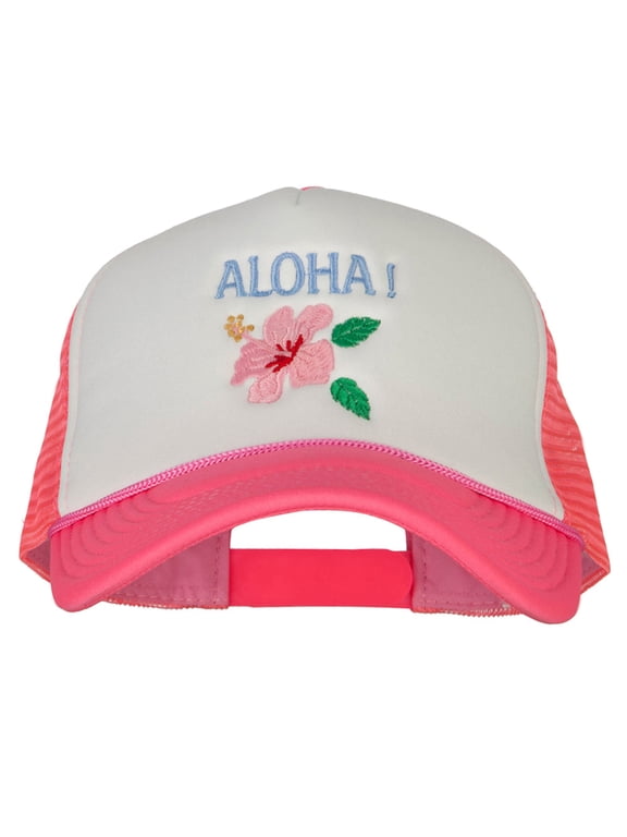 Hawaii Flower Aloha Embroidered Neon Polyester Big Size Mesh Cap - Neon Pink XL-3XL